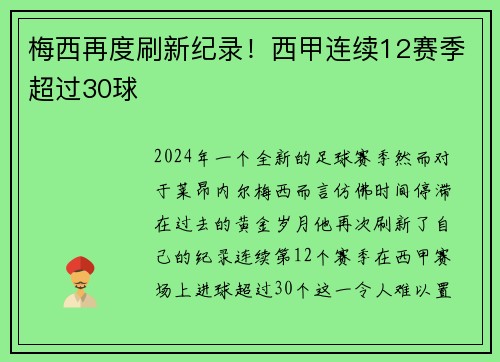 梅西再度刷新纪录！西甲连续12赛季超过30球